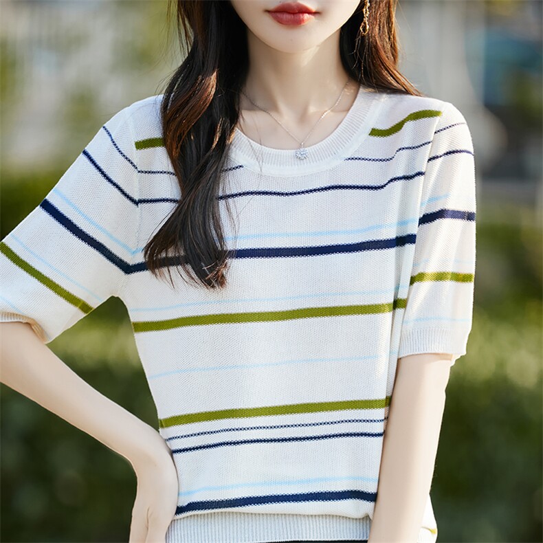 夏季新款女士简约时尚舒适天丝条纹短袖,女装T恤,斯美雅电商供货