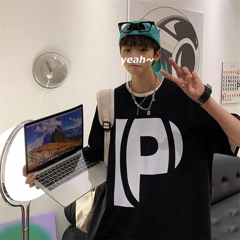 抖音供货、200克现货全棉印花宽松版型短袖T恤D223A-T2284-P20,男装T恤,电商019-1