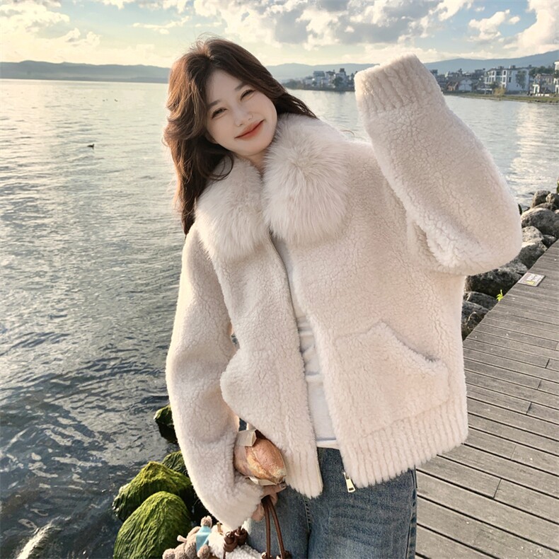 现货！羊羔毛拼接大毛领外套B208-9100-P205K318，女装羊羔毛/颗粒绒，浙宝208