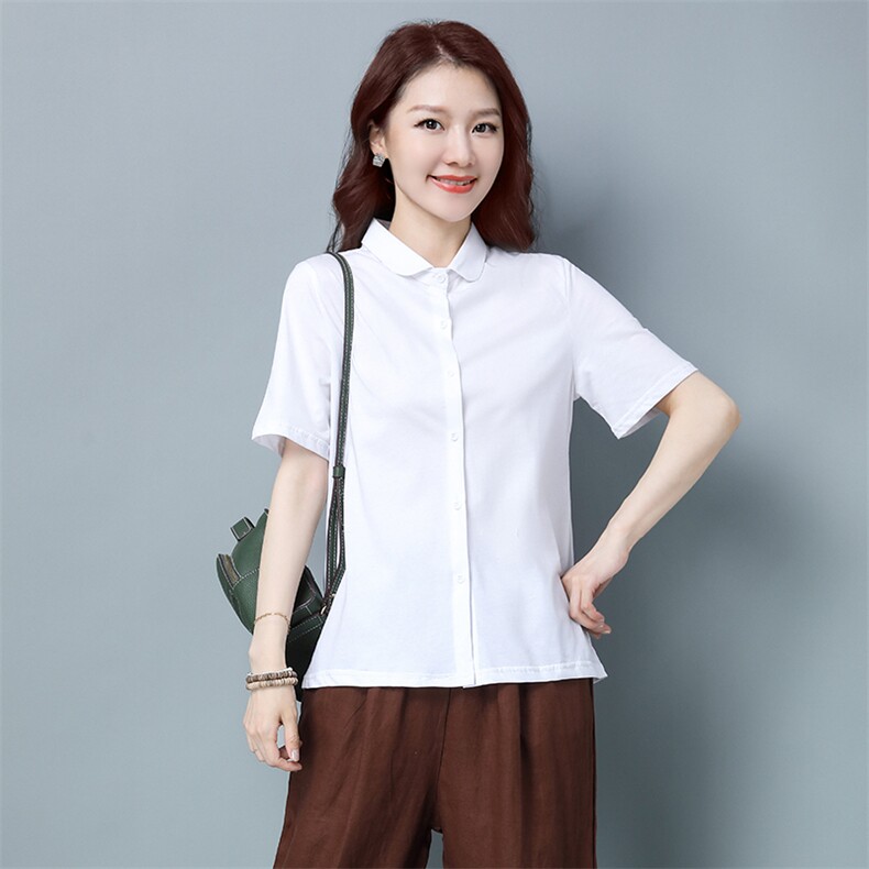 2021夏季时尚简约大方气质优雅Polo领口短袖休闲修身纯色衬衫,女装衬衫,小林双子