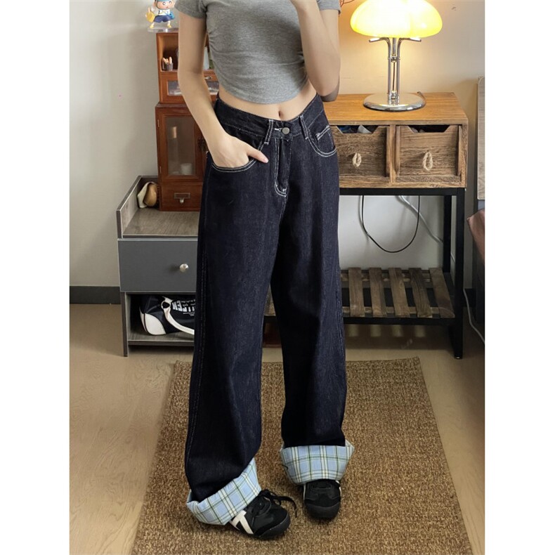 【有货】美式格子拼接卷边牛仔裤男女阔腿裤子NZ011CC-特P48,男装牛仔裤,星座1007（原301D）