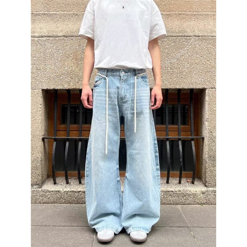气质日系蓝色牛仔裤带绳子时尚潮流ins慵懒百搭简约流行新款原宿图片