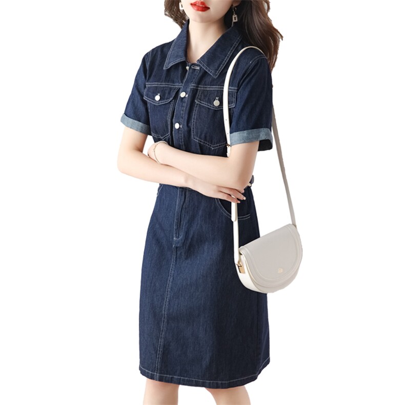 薄款牛仔衬衫连衣裙女2025年夏季新款气质收腰小个子短袖翻领裙子,女装连衣裙,沁沁公主