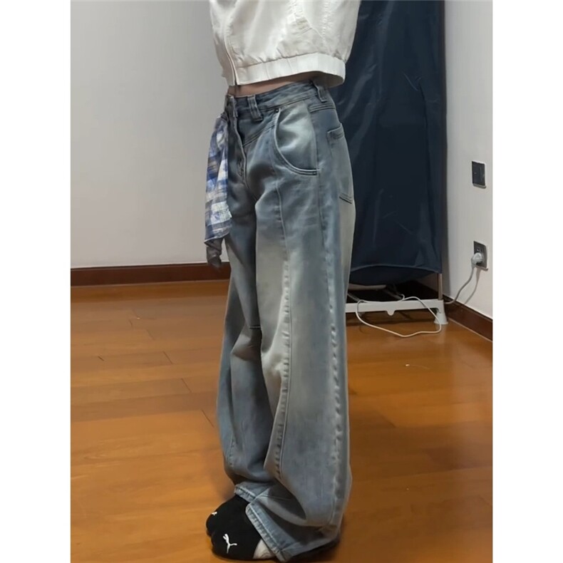 美式高街vibe弯刀浅蓝色破洞牛仔裤男阔腿欧美hiphop爵士舞裤子,男装牛仔裤,星座601-1