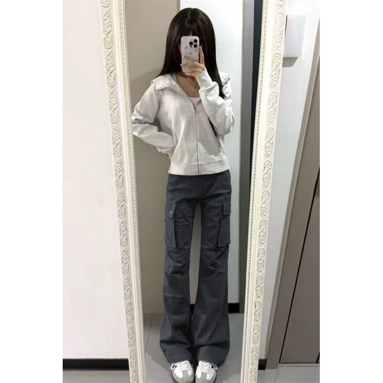 灰色修身卫衣外套女款开春穿搭正肩收腰连帽上衣显瘦紧身收腰,女装短外套,星座506A