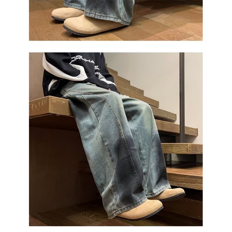 美式复古廓形破洞牛仔裤男潮牌高街涂鸦小众宽松水洗阔腿裤B34,男装休闲裤,星座506
