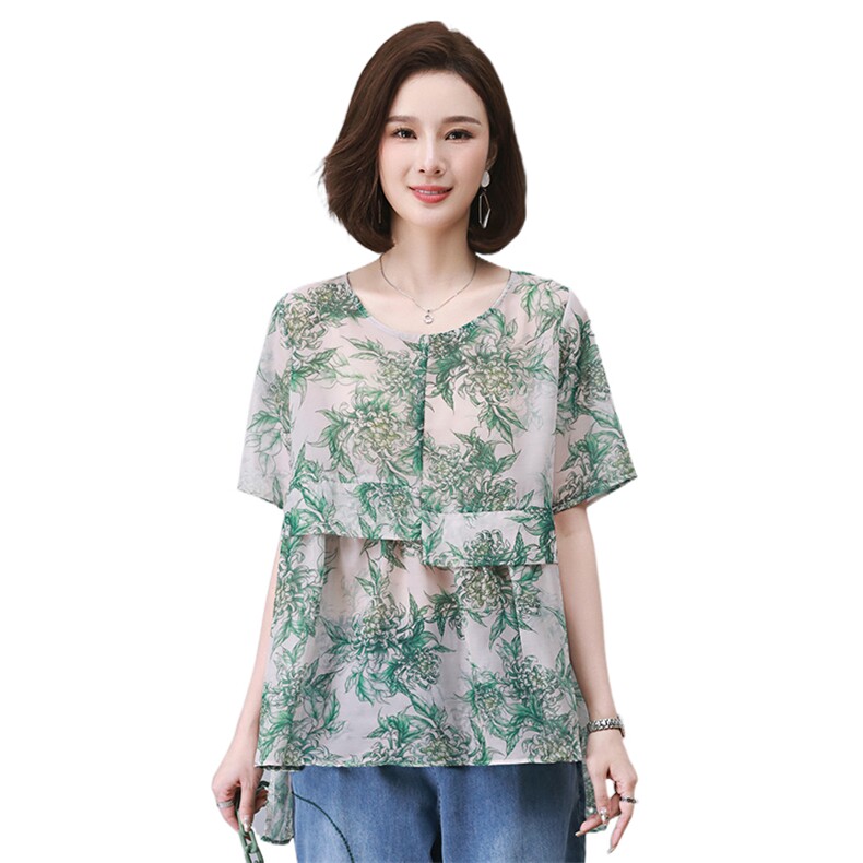 时尚宽松印花短袖衬衫舒适休闲百搭上衣,女装衬衫,叶笙衣