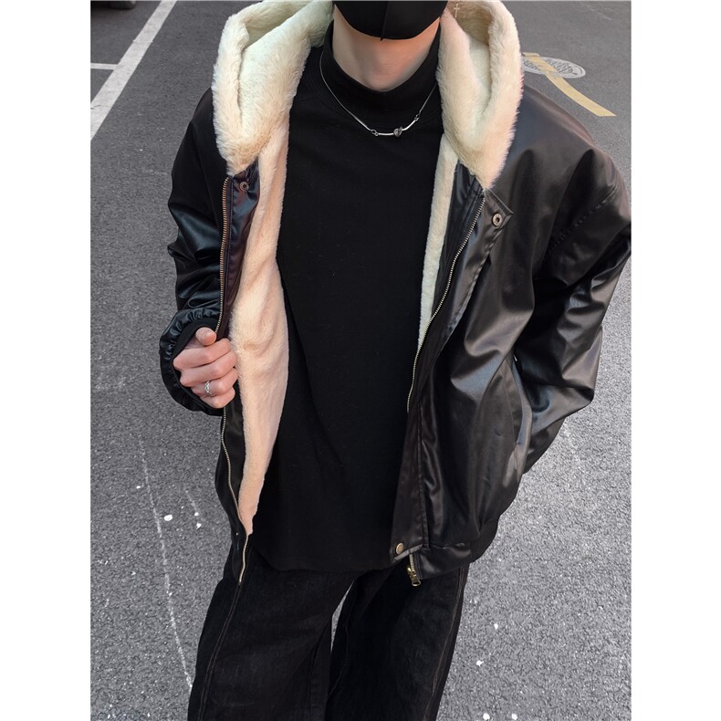 双面穿皮衣外套男款冬季高级感皮毛一体加厚pu皮连帽夹克棉服p118,男装夹克,电商C307