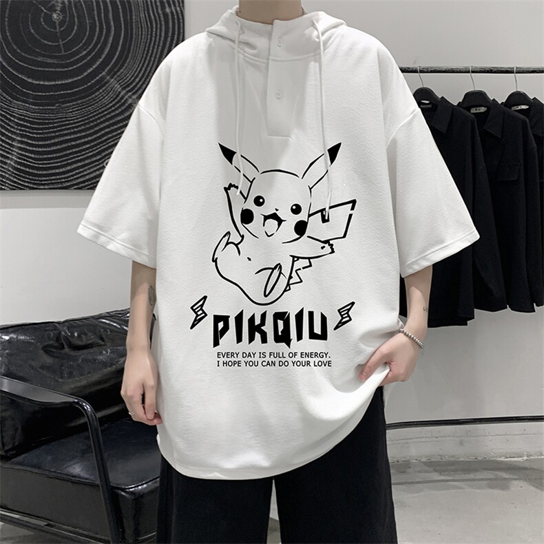 LD54078-P45连帽短袖t恤男大码胖子带帽五分袖中袖大皂风,男装T恤,电商A040