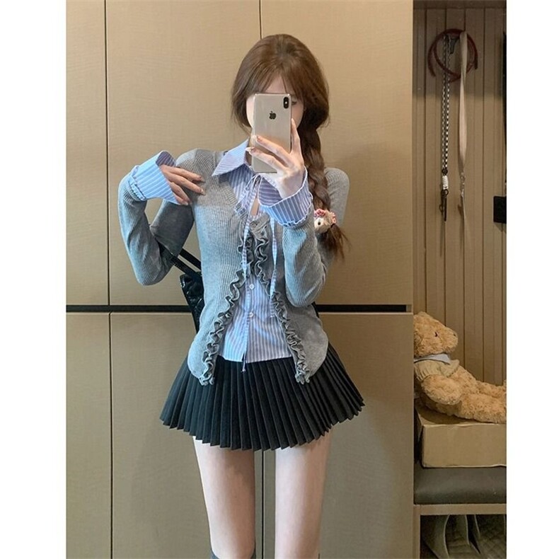 学院风春季穿搭设计感拼接假两件衬衫女大码胖mm气质修身辣妹上衣,男装Polo衫,星座1210-1