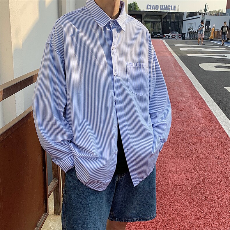 条纹长袖衬衫男女秋季日系帅气ins韩版潮流宽松衬衣外套C0520-p30,男装衬衫,星座1008-1