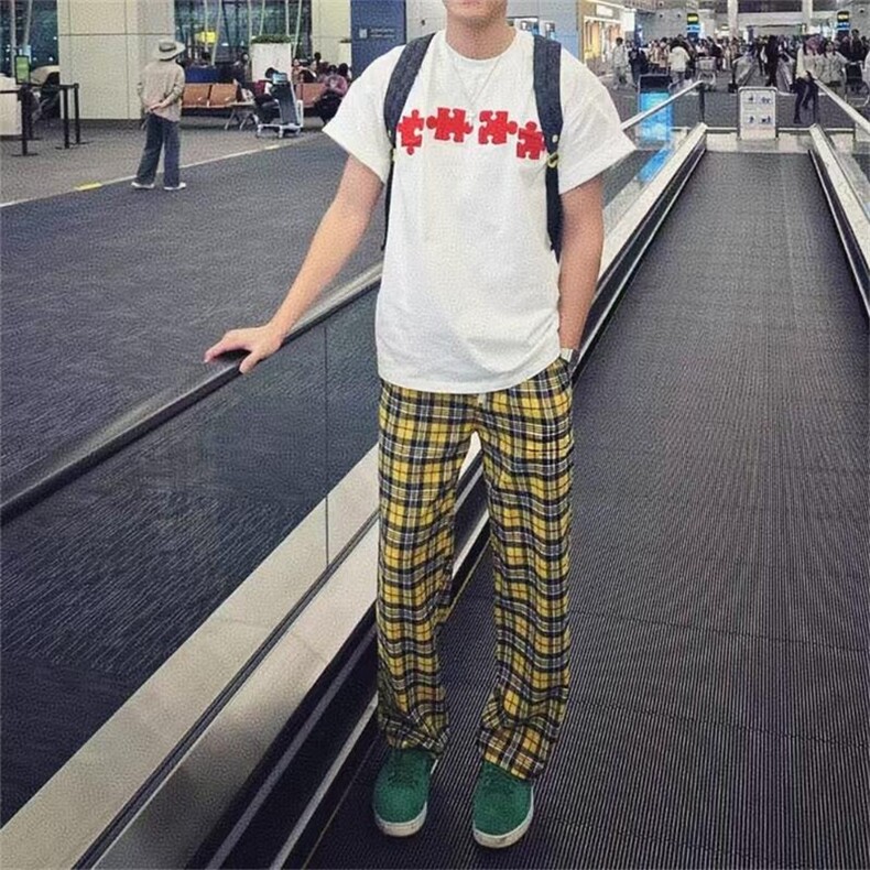 春秋款美式复古黄色格子长裤男生cleanfit日常慵懒休闲裤宽松直筒图片