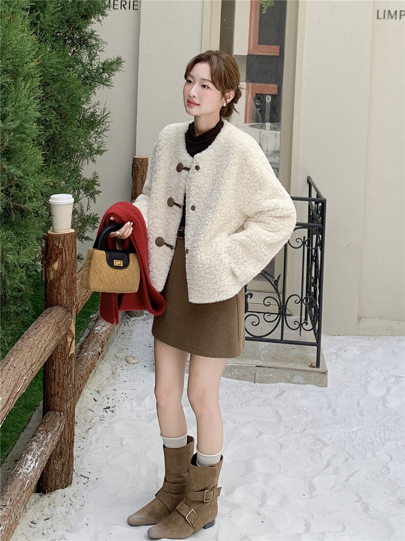 杏色短款小香风羊羔毛外套女2025冬新款小个子保暖加厚毛茸茸上衣,女装短外套,浙宝210（原浙宝191）