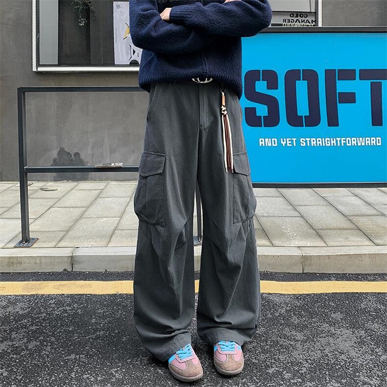美式机能工装裤子男生春秋季多口袋拼接潮牌宽松直筒阔腿运动长裤,男装工装外套,电商A001