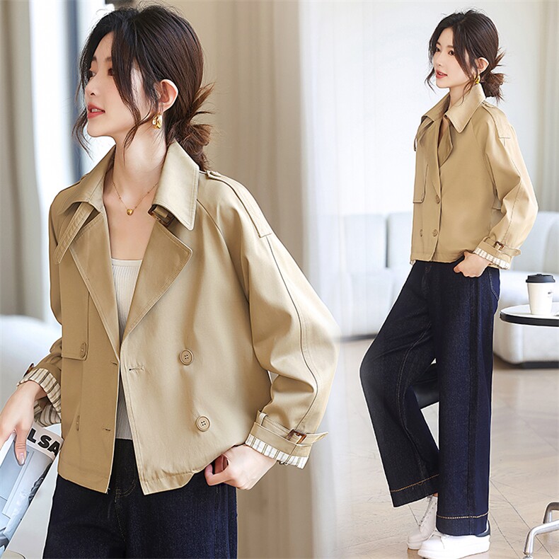 爆【现货】卡其色小个子短款风衣外套女宽松休闲上衣双排扣外套女，女装风衣，鑫源服饰