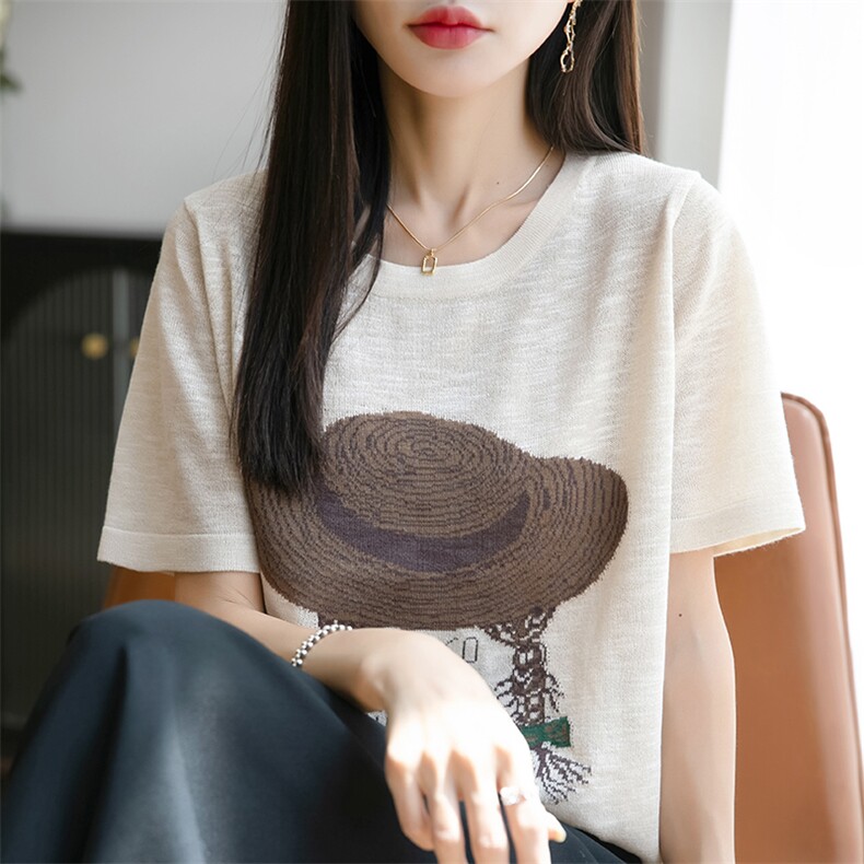 2025年夏季新款竹节麻短袖女T恤衫圆领撞色草帽女孩薄款内搭体恤,女装T恤,佳绒包芯纱店