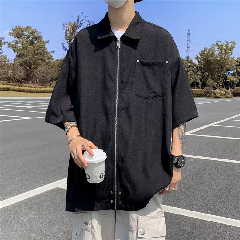 衬衫春夏落肩拉链宽松纯色衬衣夹克上衣 C409图片