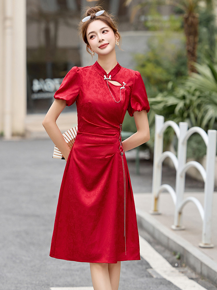 新中式国风连衣裙女2025夏季新款小个子修身显瘦改良红色旗袍裙子,女装连衣裙,依如秀(原杭风阁)