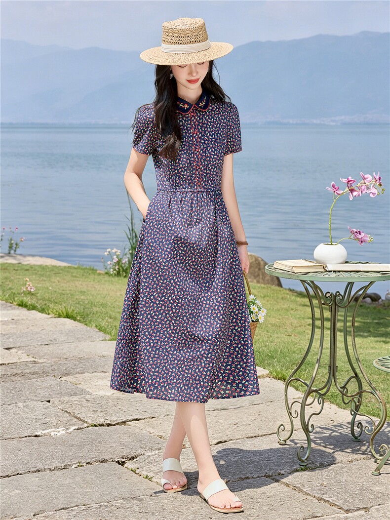 田园风碎花刺绣连衣裙女春夏收腰显瘦中长裙（细节图颜色为准）,女装连衣裙,水衣源