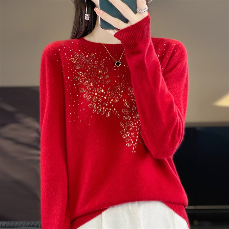 新年红半高领100%纯羊毛衫女镶钻圆领长袖毛衣宽松百搭羊绒打底衫，女装针织衫/毛衣，大美人包芯纱店