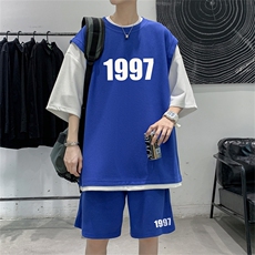 华夫格套装潮流休闲短袖短裤两件套FTZ3077-P55控78，男装牛仔裤，电商B370