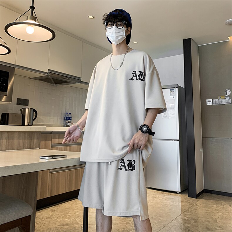 DXYK5-P55港风华夫格短袖两件套套装T恤五分裤短裤男,男装休闲套装,星座1204-3