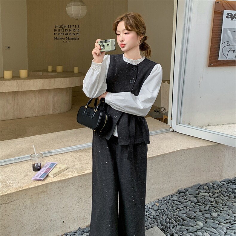 现货撒银新面料白衬衫马甲阔腿裤裤三件套2C239-H51-P195K278,女装套装/套裙,2C239