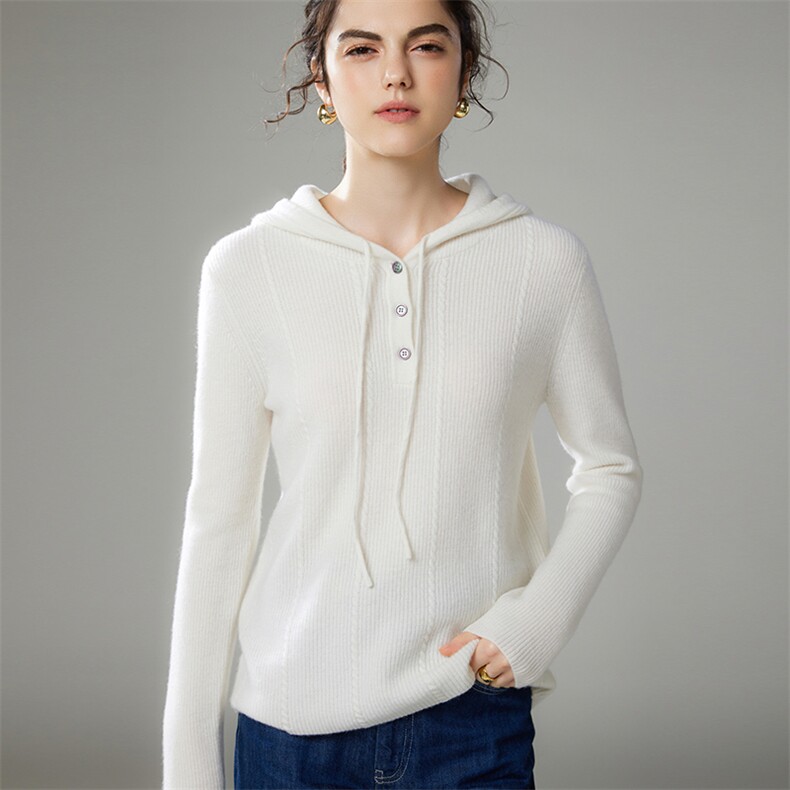 2025年秋季新款麻花纹提花系扣针织羊绒连帽衫时尚休闲通勤百搭，女装羊绒衫，珍丝贝尔