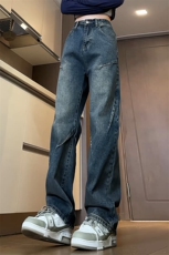 hiphop深蓝色牛仔裤腰带男潮牌vintage美式vibe微喇工装阔腿裤子，男装牛仔裤，电商A022