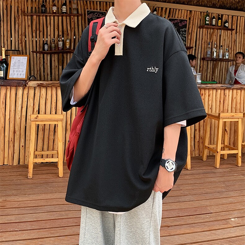 直播品质宽松大码华夫格刺绣Polo短袖港风高品质XP77075-P40,男装Polo衫,电商A042