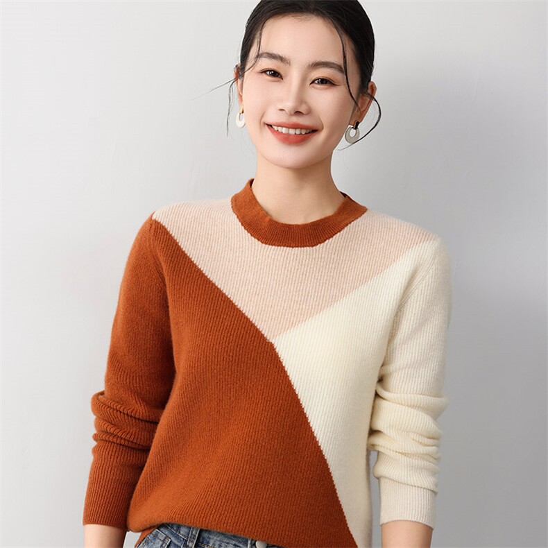 秋冬季新款女时尚百搭显瘦圆领套头三拼色羊毛衫图片