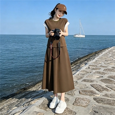设计感撞色后背开叉圆领短袖套装女夏新款休闲高腰半身裙两件套潮，女装套装/套裙，江南