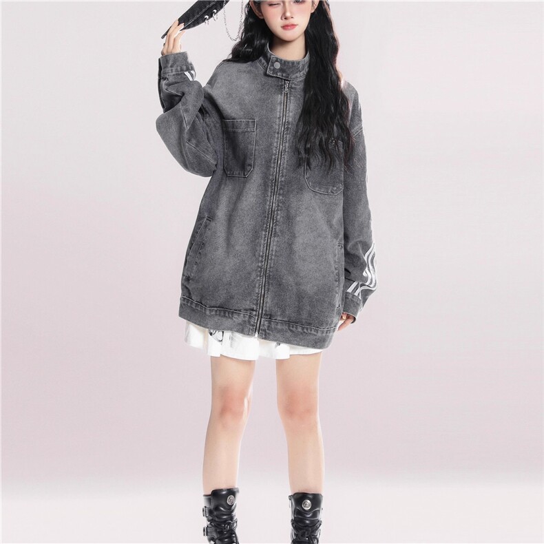 美式复古水洗做旧黑色牛仔外套女春秋新款条纹上衣,男装工装外套,星座1210-1