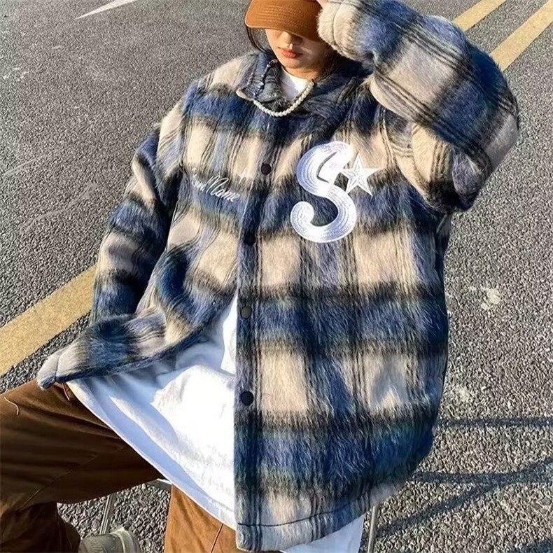 秋冬美式复古长绒格子小香风衬衫毛呢外套男女刺绣宽松夹克潮,男装夹克,星座506A