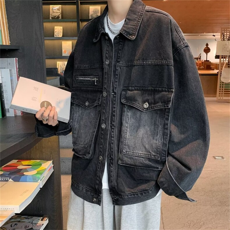 美式复古翻领工装黑色夹克宽松牛仔短外套男女秋冬新款WJ708-P65图片