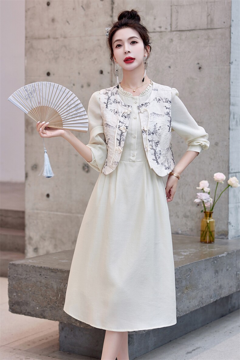 新中式连衣裙套装女显瘦2024春装新款国风长裙水墨画马甲衬衫裙子,女装套装/套裙,以桐