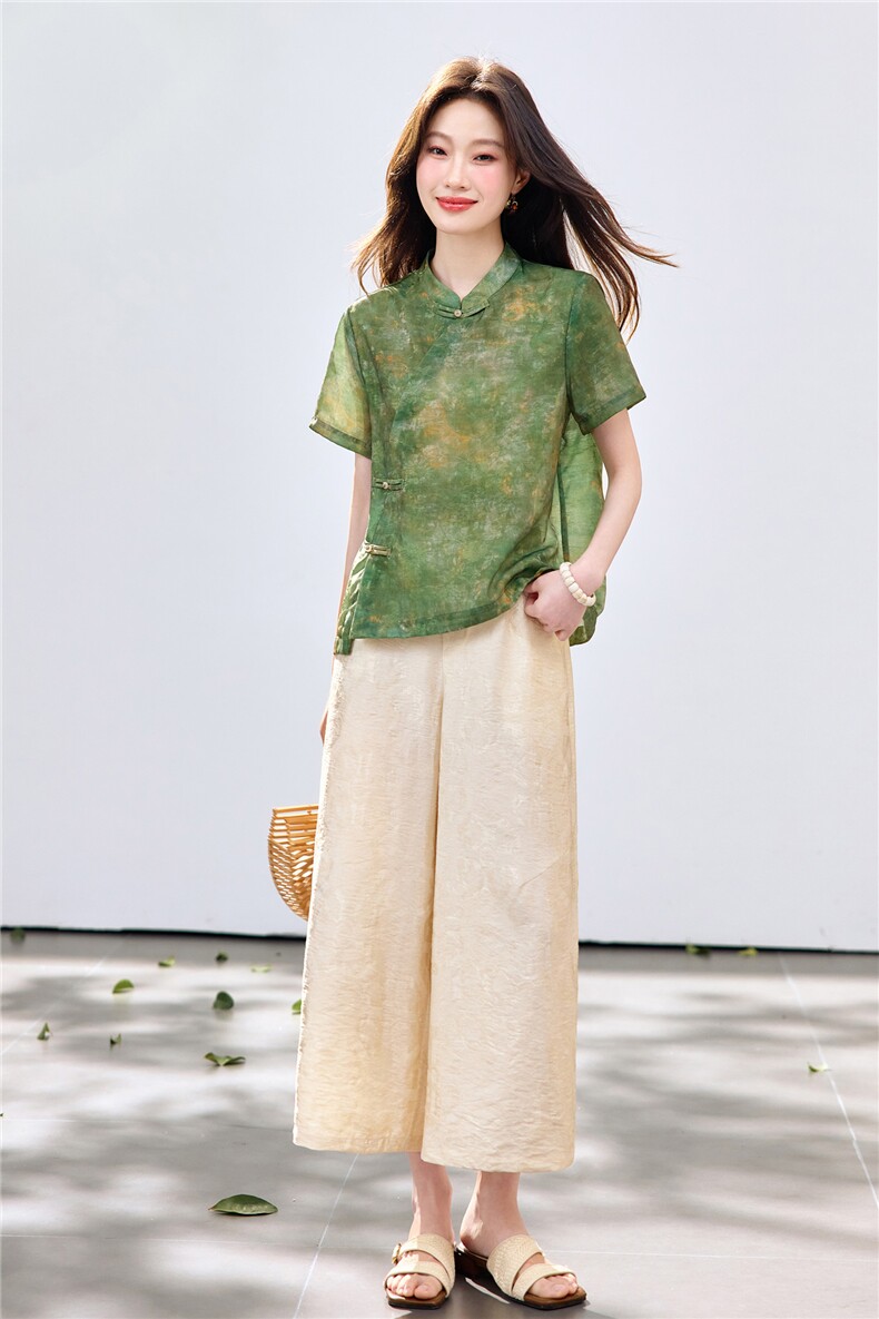 长期现货2026夏装新款时尚两件套装女提花新中式衬衫T阔腿腿裤女,女装套装/套裙,璐依舞