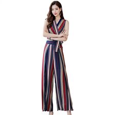 2024年夏季气质时尚气质收腰高腰潮流九分裤条纹阔腿裤套装，女装套装/套裙，天丝秀