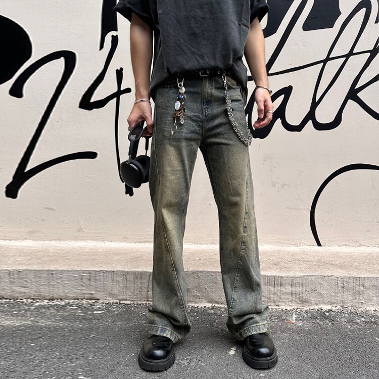 美式复古cleanfit水洗牛仔裤男夏季提档高腰裤子加长高个子微喇裤,男装牛仔裤,星座218-8