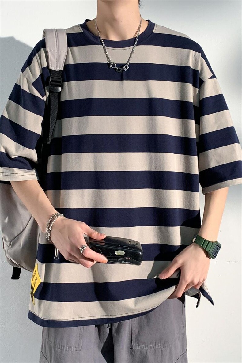 港风条纹短袖T恤潮牌夏季大码休闲男款号T9104P30【特价】,男装T恤,电商A007