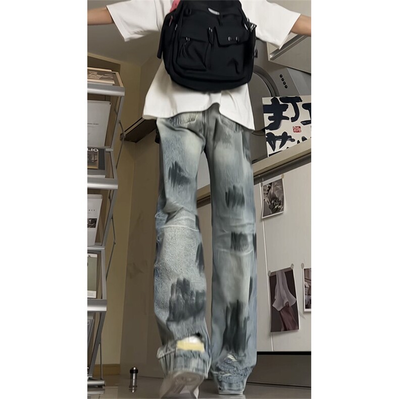 现货~美式复古水洗破坏牛仔裤高街直筒染脏裤子XZ1002-K7739-P60,男装牛仔裤,星座908