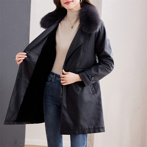 加绒皮衣女中长款2023新款秋冬韩版高级感气质西装领加厚风衣外套,学生党的风衣颜色搭配图片