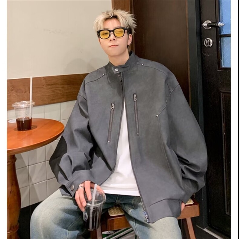 秋款男PU皮柳丁立领夹克拉链宽松休闲皮外套JK9302P90,男装夹克,星座1013-1