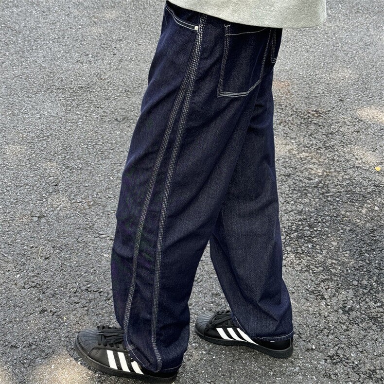 611-3 BK36 特批P46 复古阔腿香蕉裤深蓝色弯刀男1女牛仔裤图片