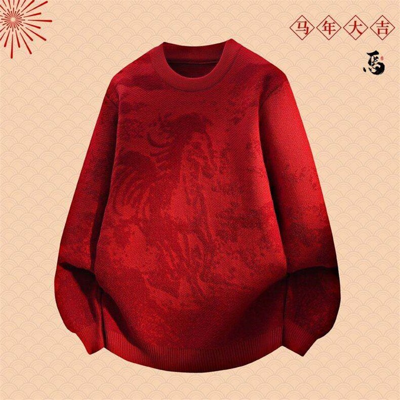 M6351-P58红色圆领针织衫男款冬季跨年氛围感连帽毛衣慵懒风情侣,男装针织衫/毛衣,电商D310B