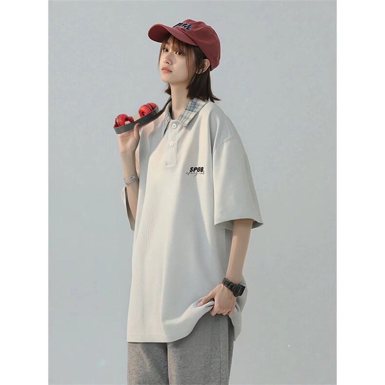 得物抖音品质 冰感面料 美式印花格子翻领POLO衬衫短袖T恤APL0302图片