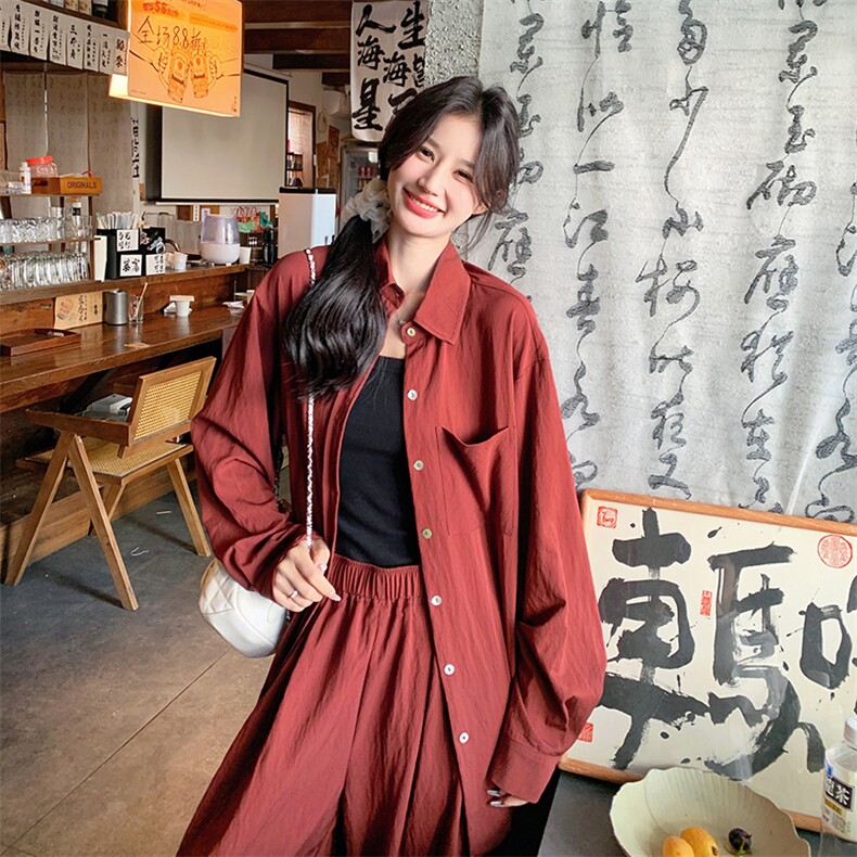 红衬衫套装裤女春秋2025新款韩系减龄穿搭松弛感休闲两件套,女装套装/套裙,2C301