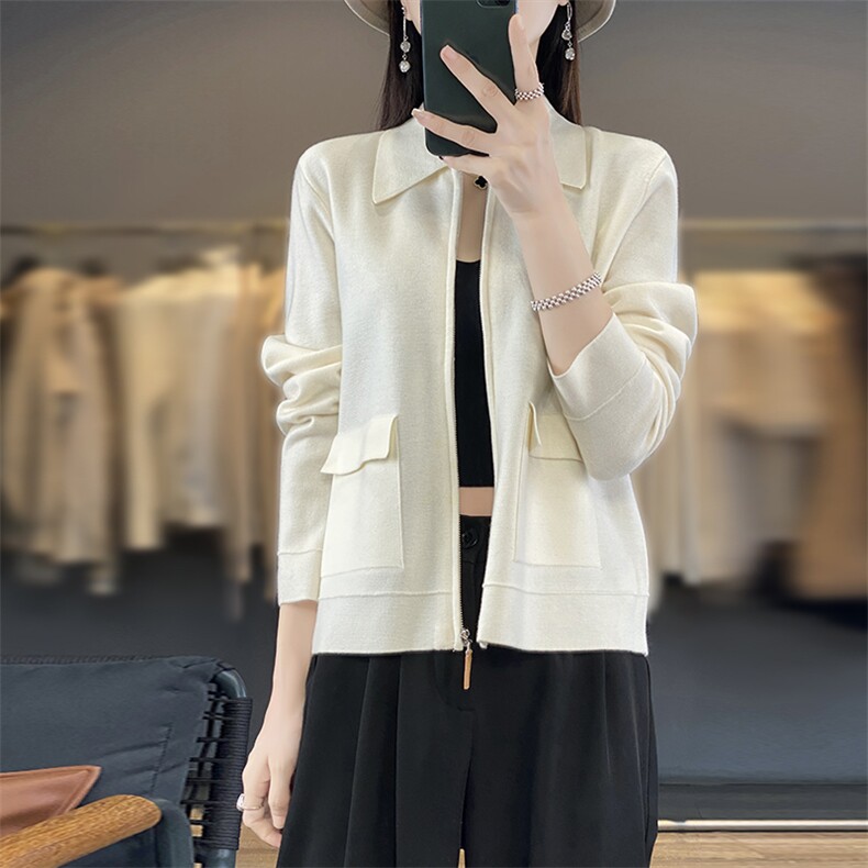 2025春季新款精仿羊毛针织开衫女POLO领外套纯色百搭上衣拉链外套,女装羊毛衫,优麦羊绒（原洪叶羊绒）