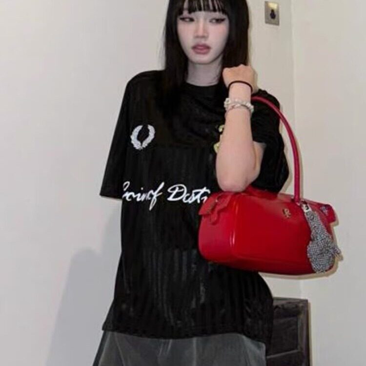 美式夏季运动潮流百搭休闲宽松女复古暗纹拼接设计感圆领短袖T恤,男装T恤,星座1210-1
