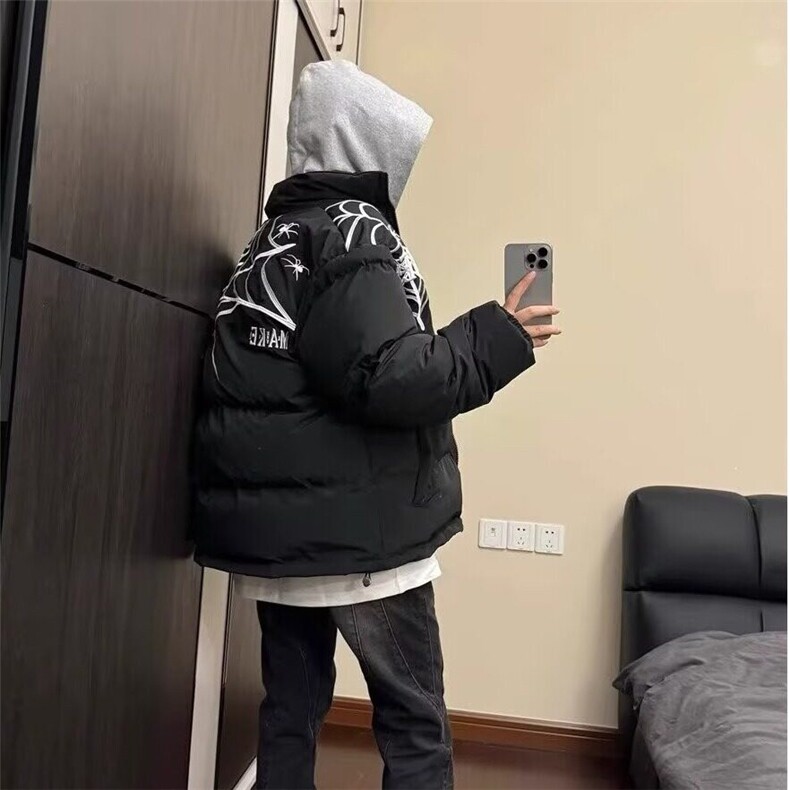 美式高街蜘蛛网刺绣字母棉服棉衣冬季加厚男女宽松面包服潮外套,男装棉衣,星座506A